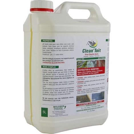 Multirex – Stop dépôts verts 5L – Antimousse pour toiture et façade – Élimine algues et lichens – Non agressif pour matériaux