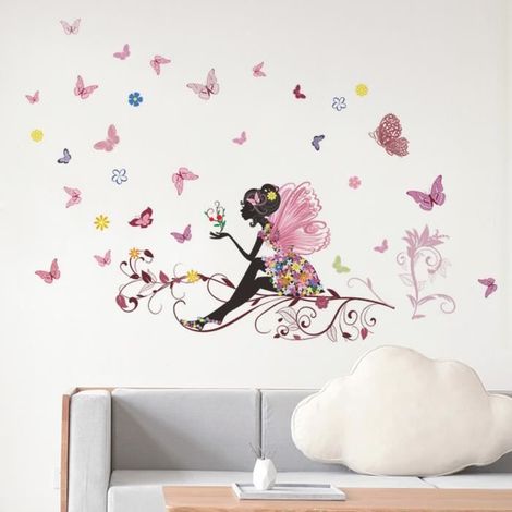 Sticker mural - GAROSA - Fée Papillon Fleur - PVC - 50 x 70 cm - Décoration chambre fille (1/4)
