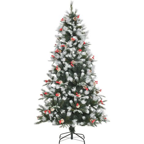 Sapin Noël enneigé 180 cm baies rouges pommes de pin blanches 678 branches base pliable, vert