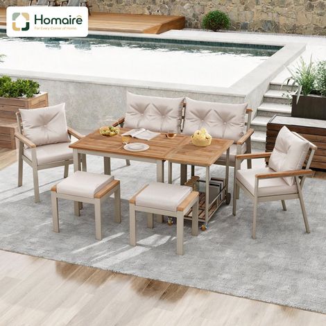 HOMAIRE Set de table et de chaises en bois d'acacia pour jardin, 6-7 places avec fauteuils et plateau à manger amovible, housses en tissu amovibles et lavables