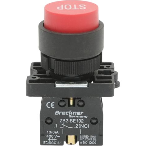 Pulsante di comando STOP convesso rosso con ritorno 1NC, 400V/10A, LAY5 Breckner Germany (1/5)