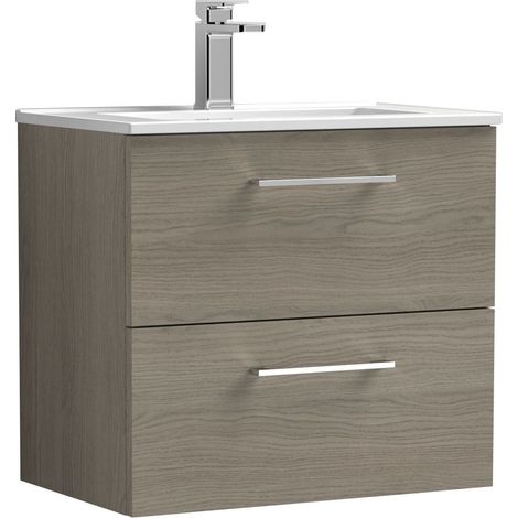 Balterley Bramshall Contemporary Bathroom 2 Soft Close Drawer & Minimalist Wall Hung Vanity Unit Basin, Solace Oak, 600mm