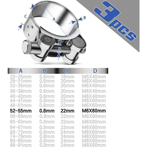 Collier Echappement 52-55mm Collier Echappement Moto Collier de Serrage Inox D'échappement Pinces Turbo Manchon Echappement Tuyaux Gaines Ventilation Tuyaux D'échappement (1/2)