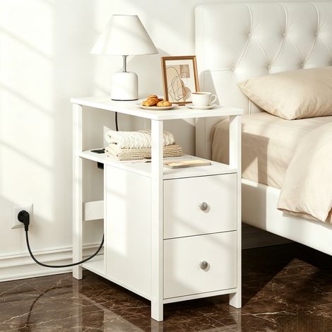 DESMIU Table basse avec prise, 2 tiroirs et 2 niches ouvertes, pour salon et chambre, en bois, blanc, 60 × 60 × 30 cm (1/5)