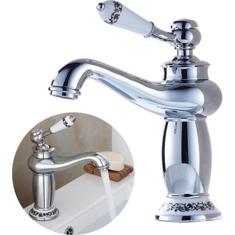 Robinet de lavabo en céramique couleur cuivre antique, robinet de cuisine en porcelaine bleue et blanche avec eau chaude et froide (chromé) (1/5)