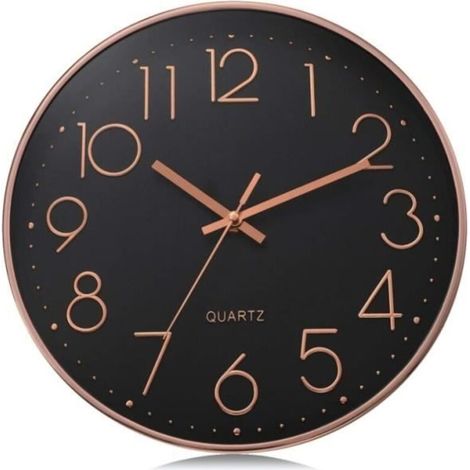 Orologio da parete moderno silenzioso nero da 30 cm, al quarzo, senza ticchettio, decorativo, con numeri 3D color oro rosa, classico orologio da parete di facile lettura (1/4)