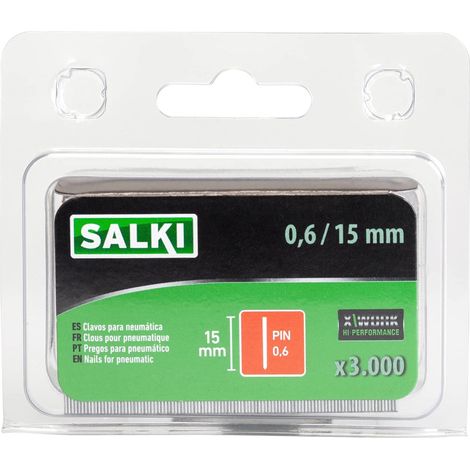 SALKI  Chiodi PIN 0.6 per Corpo  Blister da 3000 pezzi  Chiodi senza testa lunghi 15 mm per pinzatura pneumatica  Compatibile con chiodatrici pneumatiche  Grigio (1/4)