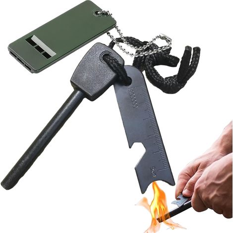 Pierre à Feu Briquet Silex Magnésium Briquet Kit Fire Steel Allume Feu Survie Inclu Grattoir Multi Outils Et Sifflet 20000 Gerbes D'étincelles pour Randonnée Camping Et Bushcraft Survie Traditionnel (1/5)