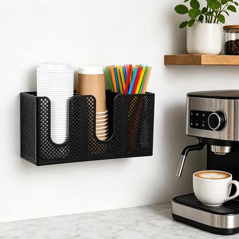 Organisateur mural pour gobelets et couvercles (1 pièce) : distributeur à 3 compartiments sans perçage  compatible avec les gobelets en papier ou en plastique (350 ml à 700 ml) (1/5)