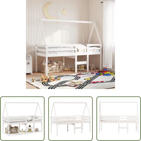 vidaXL Kinderbett mit Dach - Hochbett mit Dach Weiß 90x200 cm Massivholz Kiefer (1/5)