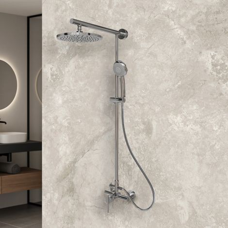 Schulte Duschsystem Verchromt mit Einhebelmischer - Höhe: 912-1554 mm, 1/2 Zoll Anschluss, wassersparend, Kopfbrause rund, flach, Restposten