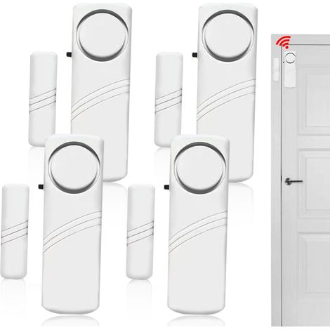 Lntyq Lot de 4 mini alarmes autocollantes pour fenêtre et porte avec capteur magnétique sans fil 90 dB - Système d'alarme de sécurité domestique sans fil pour la sécurité à la maison, le camping-car