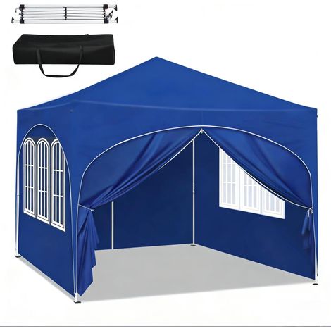 Tente de jardin pliante 3 x 3 m bleue avec parois latérales, structure en métal, housse de transport (1/5)