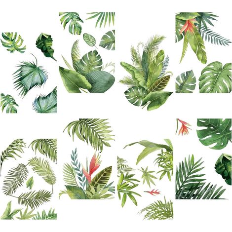 Vert Feuilles Tropicales Sticker Mural 8 Feuilles Nature Palmier Feuille Plantes Imperméable Amovible Vinyle Art Mural pour Salle de Classe Chambre Salon (1/5)