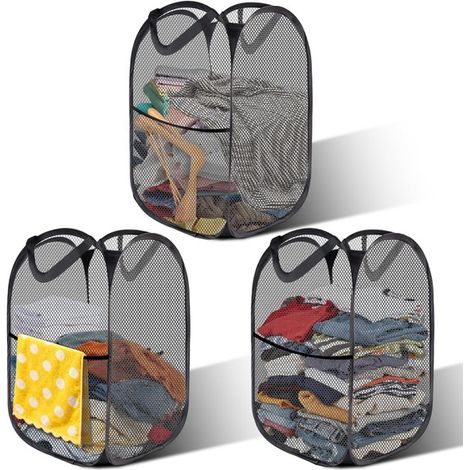 3x Faltbarer Wäschekorb 36x36x58 cm – Pop-up-Wäschekorb schwarz – Tragbarer Wäschekorb aus Netzgewebe für Bad und Camping (1/5)