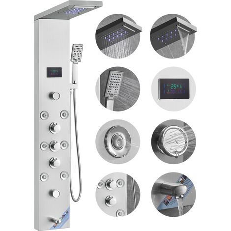 Système de Panneau de Douche avec 6 Modes, Tour de Panneau de Douche Hydroélectrique LED Écran, Pluie, Cascade, 8 Jets de Massage, Bec de Baignoire et Pomme de Douche avec Tuyau, Salle de Bain (1/5)