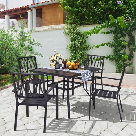 Avestar 5-teiliges Gartenmöbel Set, Esssets für die Terrasse, Essgruppe, Esstisch mit 4 stapelbaren Stühlen, Metall Gartentisch und Gartenstühle, Schwarz