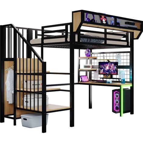 Lit mezzanine 90x200 cm avec bureau étagère filet de rangement prise électrique éclairage led, lit adulte échelle sécurisée barrière haute, noir (1/5)