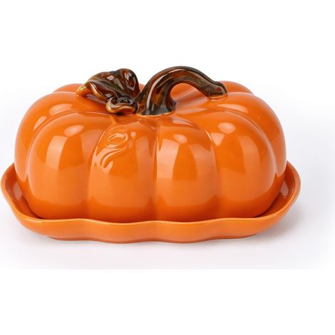 Beurrier en forme de citrouille avec couvercle en céramique – Plateau de service pour dessert, fromage, beurre – Assiette en céramique en forme de citrouille blanche pour Halloween, Thanksgiving (1/5)