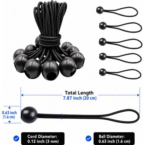 30 Cordes à Balle Élastiques, Corde Élastique Noire de 3mm x 7,9 pouces avec Balle en Plastique pour Tentes, Bâches et Camping (1/4)