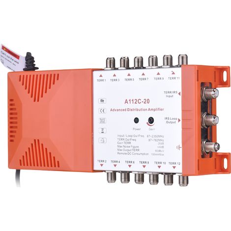 Amplificateur de distribution 12 voies pour signaux TV terrestre et radio – Système MATV/SAT intérieur avec boucle IRS, gain de 20 dB, faible bruit, filtre 4G, montage mural, prise européenne 230 V (1/5)