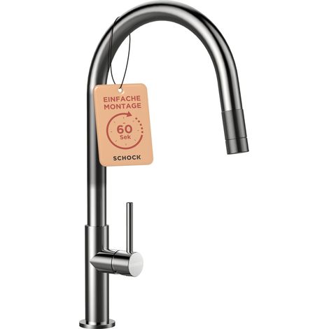 SCHOCKMiscelatore Cucina TALIA Con Doccia Estraibile, Rubinetto Canna Alta, Schock Saving 90°, Rotazione canna 360°, Acciao Inox Massiccio, Abbinabile ai lavelli. (1/5)