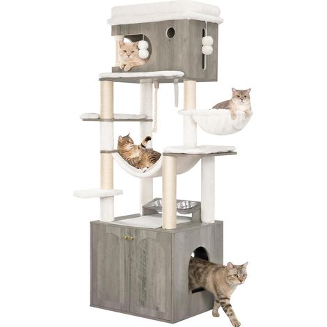 Arbre à chat 176 cm avec meuble litière – Compartiment fermé pour litière – Plateforme spacieuse – Coussins amovibles en peluche (1/5)