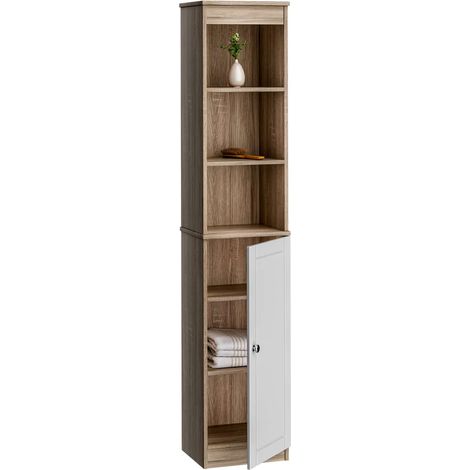 CASARIA® Armario Baño Alto Mueble Columna 6 Estantes Mobiliario Auxiliar Almacenaje Compartimentos Puerta Accesorios 170x26x34cm  Modelo 1 - Marrón - Blanco