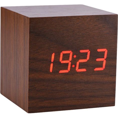 Wooden electronic digital alarm clock, 6x6x6cm, desk clock, LED temperature display, voice control, brown (1/5)