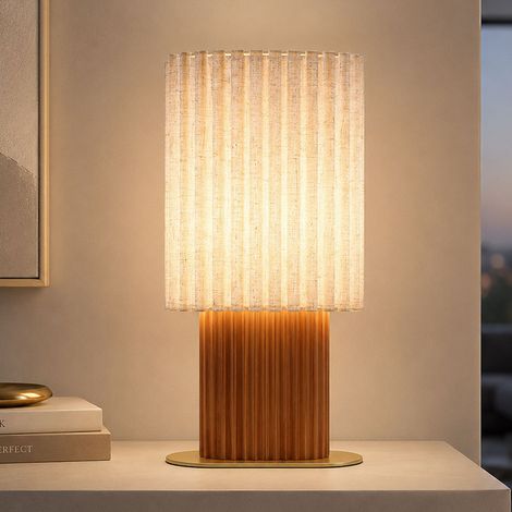 LED Tischleuchte Tischlampe Wohnzimmerlampe Wippschalter Braun Holz H 45,3 cm (1/5)