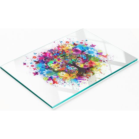 Elegante e resistente tagliere da cucina in vetro con un colorato motivo ad albero, 80x52 cm. (1/5)