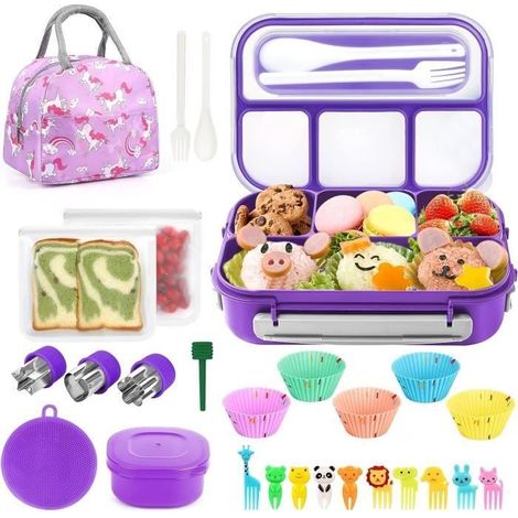 (Lila) Lunchbox – Kinder – 1300 ml – 4 Fächer – Lila – Robust und auslaufsicher (1/4)