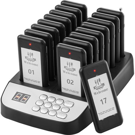 VEVOR Systeme de Teleavertisseur de Restaurant, Bipeurs Restaurant sans Fil Longue Portee de 500 m, avec Vibration et Clignotant, 16 Buzzers pour File deAttente, Camion Restaurant, Cafe, Magasin