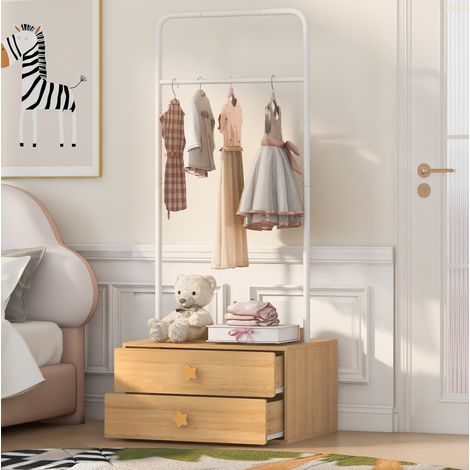 Portant à vêtements enfant 70x55x168 cm avec 2 tiroirs et tringle, MDF couleur bois naturel (1/5)