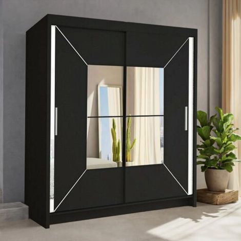 Modern Jinan Stylish Mirror Double Door Sliding Wardrobe 150cm - Black