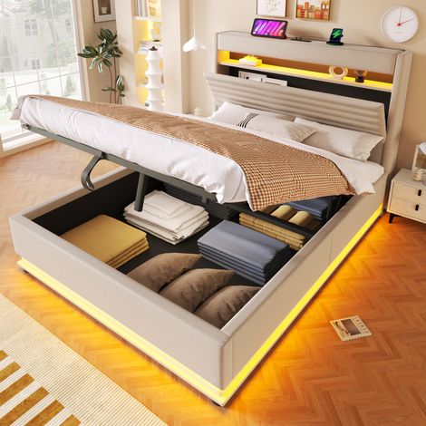 letto contenitore 140x200 con LED USB beige HAVRYA (1/5)