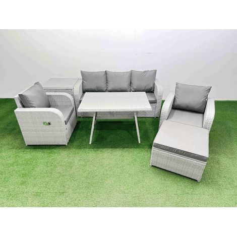 Fimous Reclining Chair 3 Seat Sofa Set Garden Furniture Set with Rectangular Dining Table Side Table Big Footstool Light Grey (1/4)