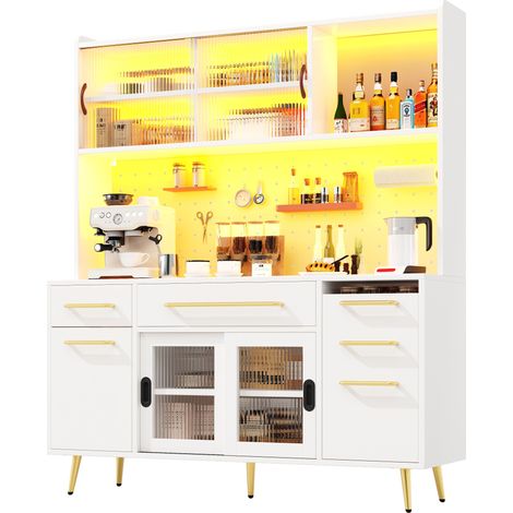 Credenza alta da cucina 145x39x171 cm in MDF bianco con LED e contenitore - CHICFURN (1/5)