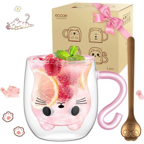 Doppelwandiges Katzen-Glas 290ml mit Löffel, Borosilikatglas, für Kaffee, Tee, Milch, Eis (1/5)