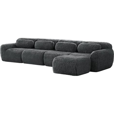 Sofá modular en L de 4 plazas gris, tejido de terciopelo, sin montaje, con chaise longue, HOMVRA (1/5)