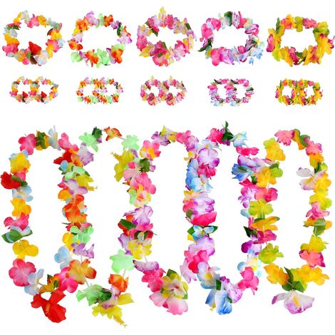Collane di fiori hawaiani, ghirlanda di fiori hawaiani da 20 pezzi, di cui 10 braccialetti, 5 fasce per capelli e 5 collane, perfette per decorazioni di matrimoni e feste in spiaggia alle Hawaii.