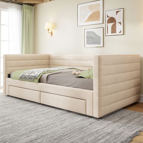 Canapé-lit convertible 3-en-1, banquette extensible 90x190 cm, lit modulable avec rangements, transformable en couchage simple ou double, sommier à lattes, tissu coton-lin beige (sans matelas) (1/5)