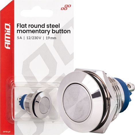 Momentaner Startknopf, flach, rund, Stahl, 19 mm, 5 A, 12/230 V, amio-04436 (1/5)