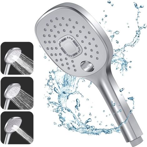 Vtizikl Pommeau Douche, 3 Types de Jets avec Poignée Durable et Buse en Silicone Respectueuse de l'environnement, Grand Pommeau de Douche Argenté (Pommeau de Douche sans Tuyau) (1/4)