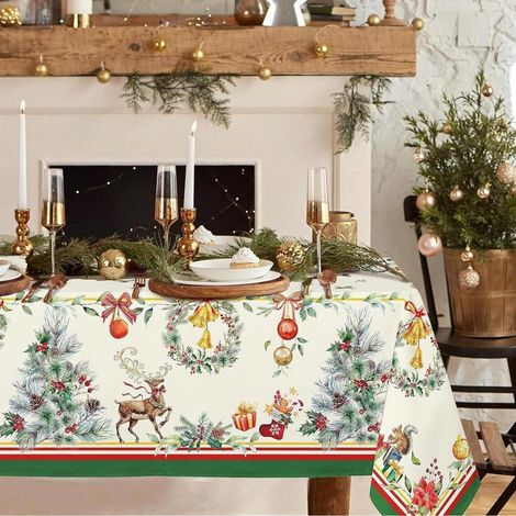 Mantel ovalado navideño, 200 x 140 cm, estampado de árbol de Navidad, decoración navideña, mantel de poliéster duradero, impermeable y resistente a las arrugas. (1/4)