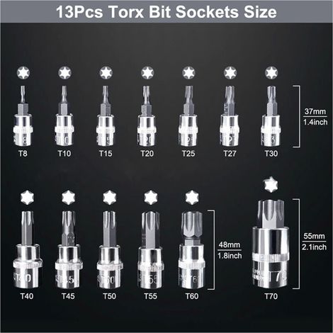 Douille Torx Male 1/2'', 1/4'', 3/8'', T8-T70 13 pièces (1/3)