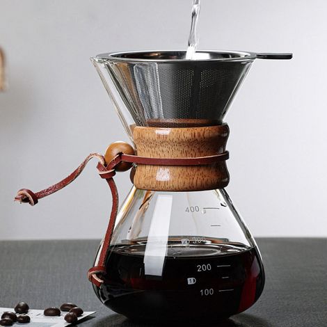 Pour-Over-Kaffeebereiter 400 ml, Doppelschichtfilter, V-Auslauf, Holzmanschette, für Zuhause, Cafés und Partys (1/5)