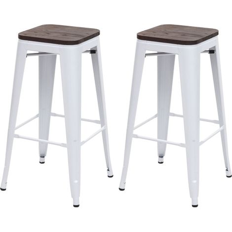 [NEUWERTIG] 2er-Set Barhocker HHG-392 inkl. Holz-Sitzfläche, Barstuhl Tresenhocker, Metall Industriedesign stapelbar weiß
