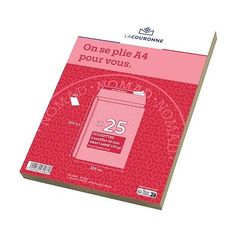 Pochette à soufflets 3 cm kraft brun armé 229 x 324 mm La Couronne 130 g sans fenêtre - Paquet de 25