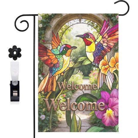 Bannière de cour Welcome et colibris multicolores 30 x 45 cm décoration porche et maison (1/5)